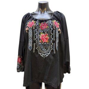 Johnny Was Black Embroidered Floral Boho Blouse Multi-Color XL